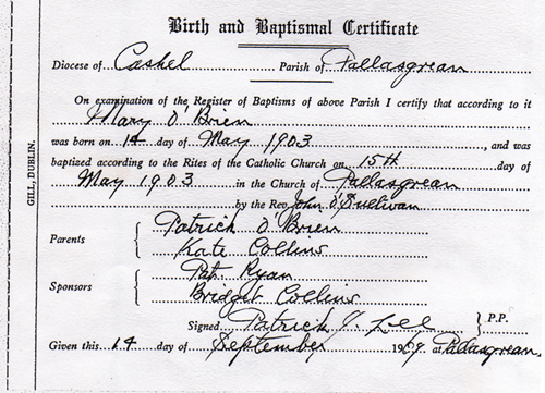 Mary OBRIEN Baptismal Certificate